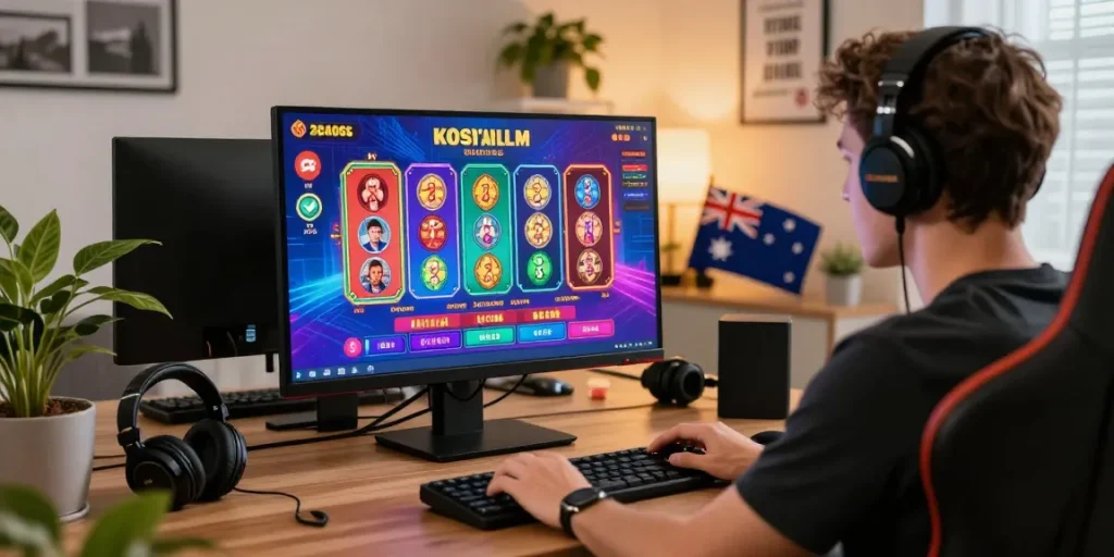 Engaging scene of an Australian player gaming at online casinos with colorful pokies interface in a cozy home office.