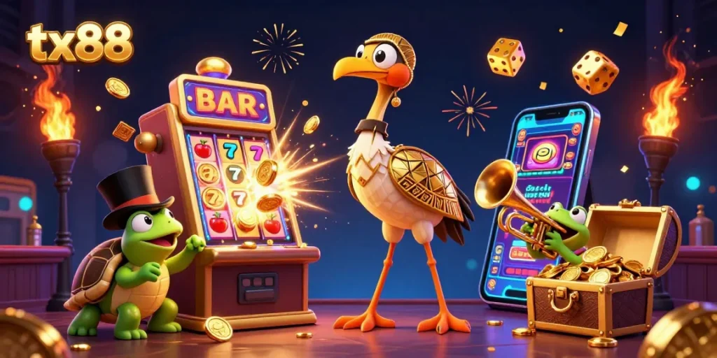 Engage with tx88's thrilling 3D casino scene showcasing vibrant characters and jackpot excitement.