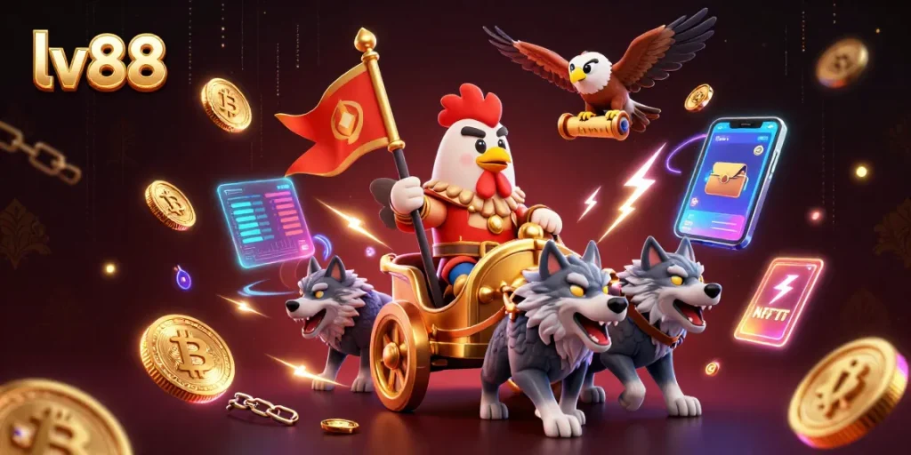 Engage with lv88's interactive gaming with a vibrant scene of a rooster warlord and crypto elements.