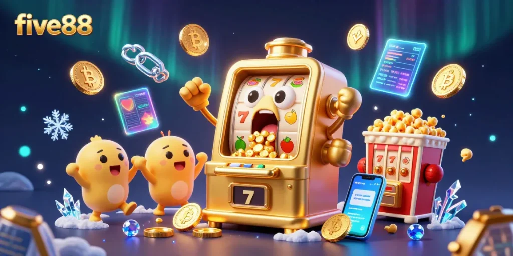 Experience excitement with five88, where the golden slot machine hits the jackpot amidst cheering baby slots!