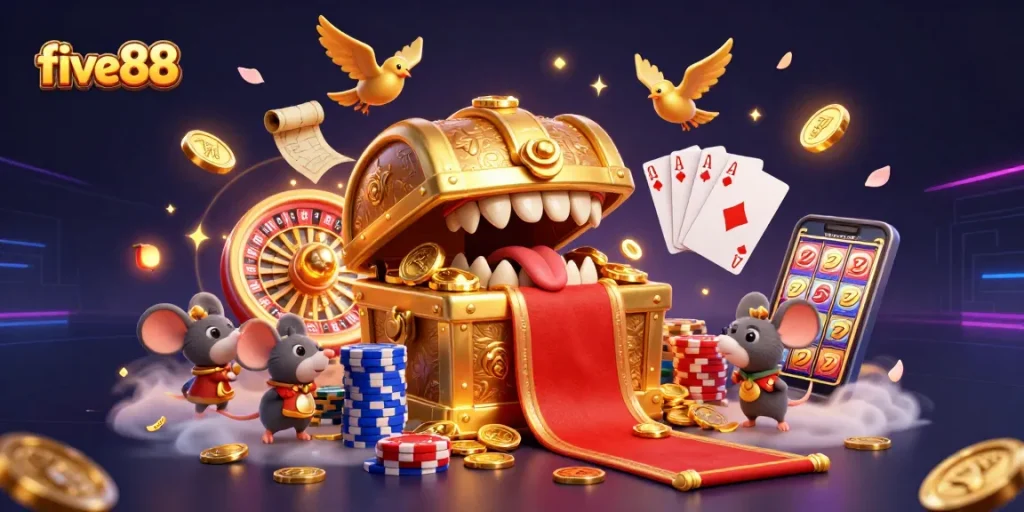 Engage with five88's vibrant 3D casino illustration showcasing dynamic gaming elements and treasures.