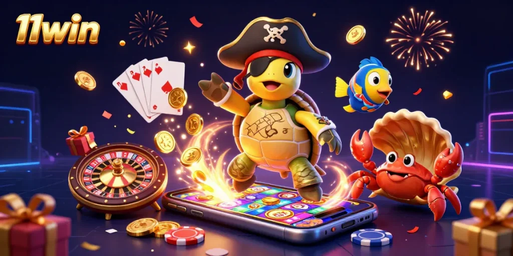 Experience thrilling gameplay with 11win as colorful slot reels and festive treasures unfold in a vibrant scene.