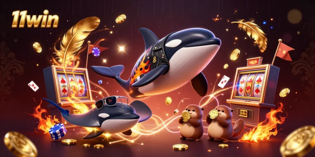 Experience the thrill of 11win with vivid illustrations of casino excitement, featuring vibrant characters and slot games.