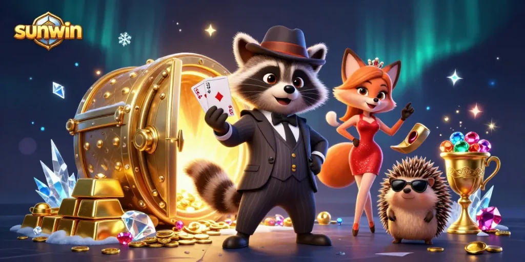 Experience thrilling gameplay at sunwin with exquisite characters and dazzling treasures in a lively casino illustration.