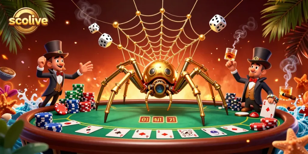 Socolive showcases an intricate steampunk-themed casino scene with a playful spider and amusing gentleman.
