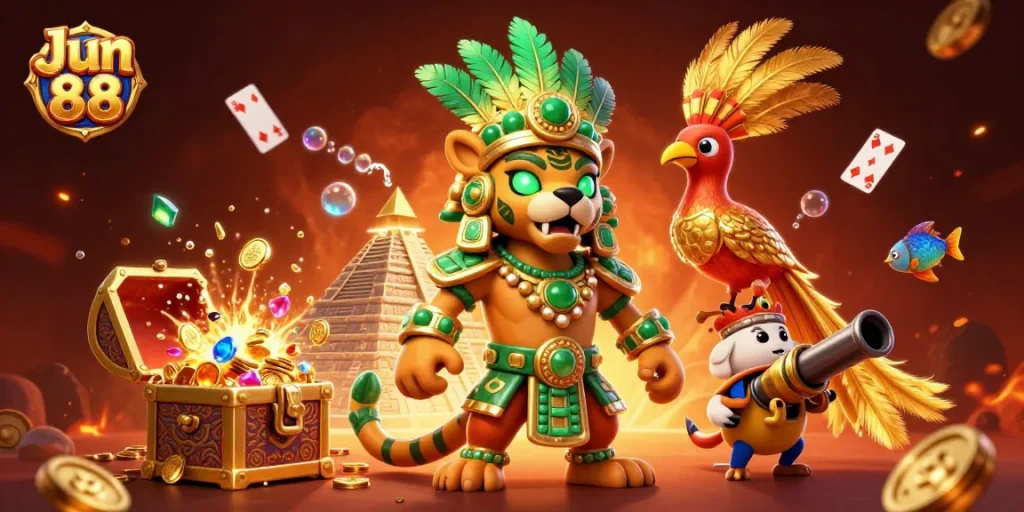 Engage with the thrilling adventure of Jun 88 through a vibrant casino illustration featuring dynamic Mayan characters and rich gaming elements.