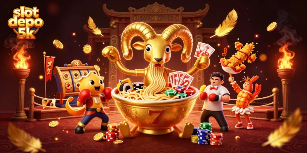 Engage with slot depo 5k gameplay featuring a whimsical 3D ramen bowl dealer and dynamic casino elements.