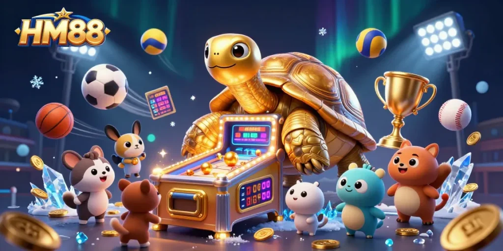 Engage with HM88 at a vibrant online casino scene, featuring dynamic sports elements and a colossal tortoise.