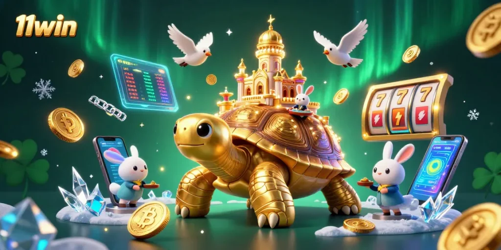 Join the thrilling action at 11win featuring a lively casino on a giant tortoise!